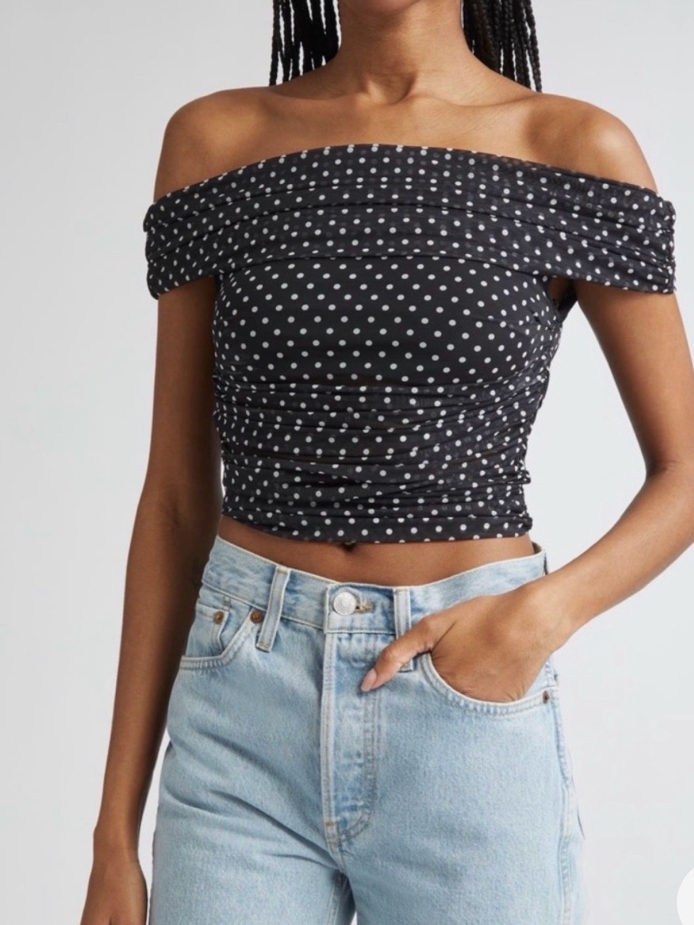 New Alice + Olivia Black Polka Dot Off-Shoulder Crop Top